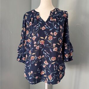 Roz & Ali Navy Floral Ruffle Sleeve Blouse